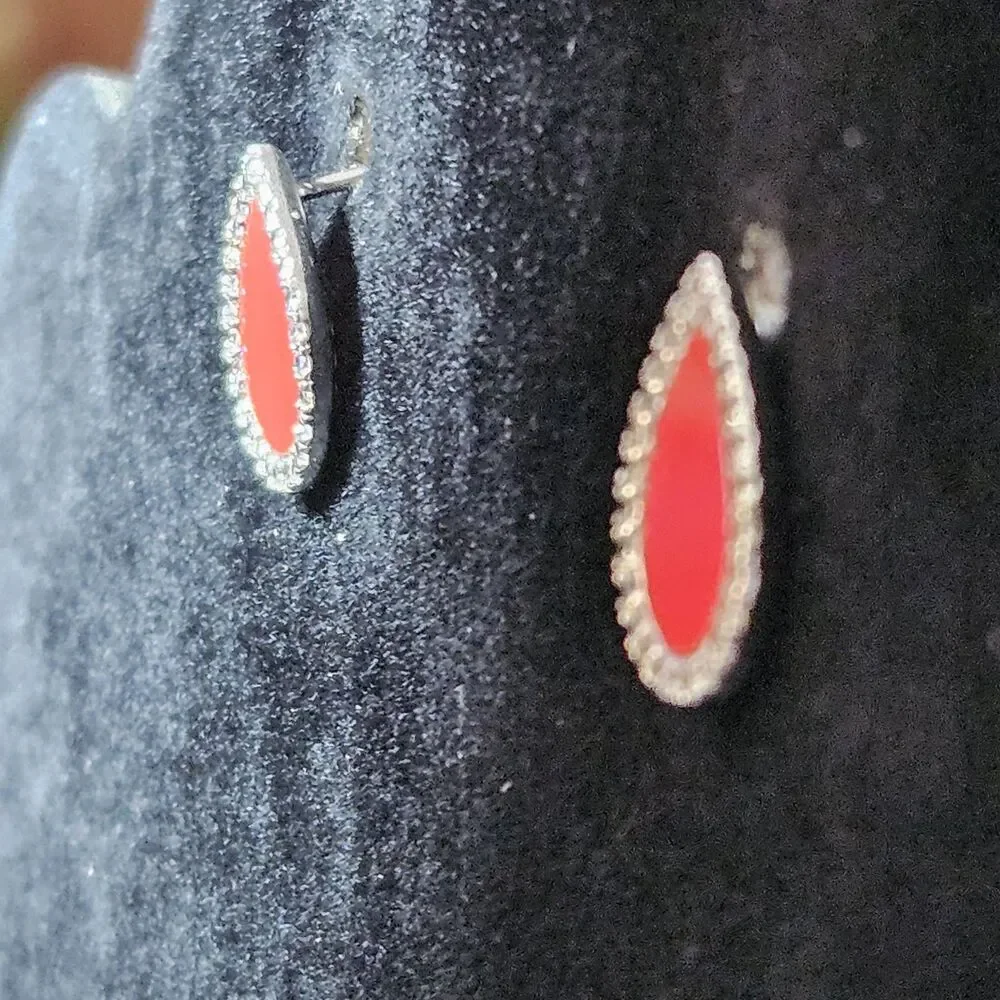 Sterling Silver With Red Teardrop Shaped Rhinestone Accent Dainty Earrings